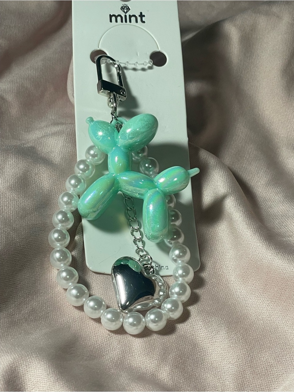 Mint Iridescent Balloon Dog Charm with Pearl Loop & Silver Heart
